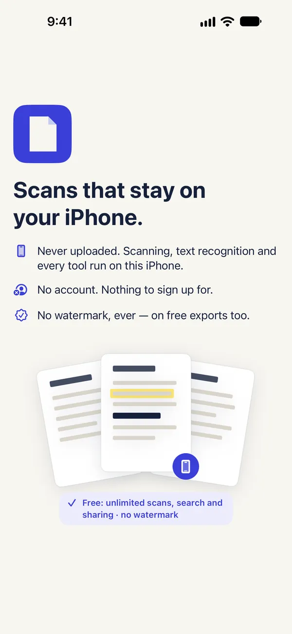 Welcome screen: no upload, no account, no watermark