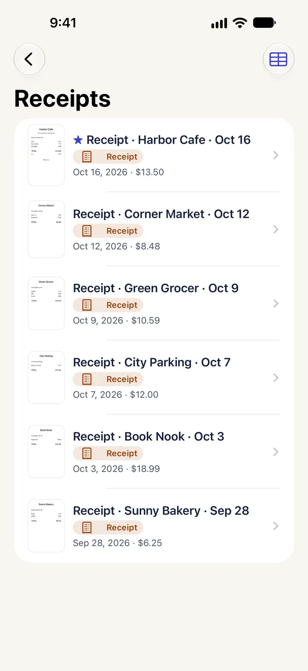 The Receipts smart folder with six receipts, each with its date and total