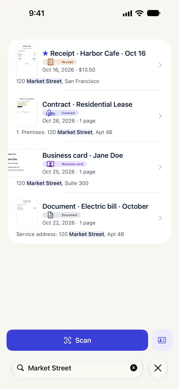 One address found inside a receipt, a lease, a bill and a business card